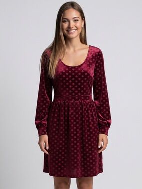 🌻ModCloth Polka Dot Knee Length Dress Burgundy Pink Two Tone Long Sleeve Small